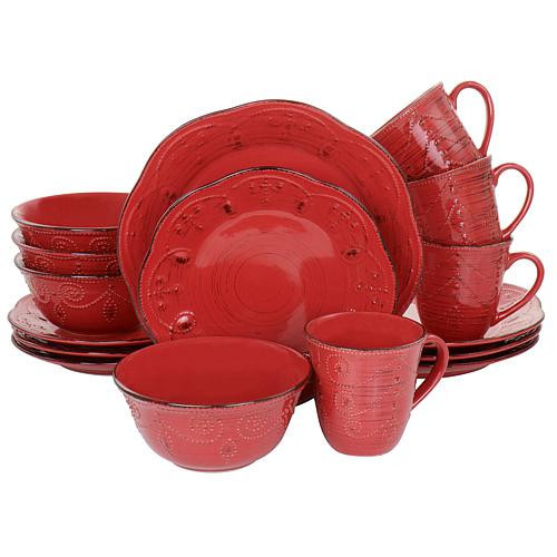 Elama Rustic Birch 16-Piece Stoneware Dinnerware Set in Red | HSN