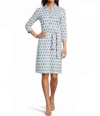 Calla Printed Catalina Cloth Point Collar 3/4 Sleeve Tie Waist Dress | Dillard's