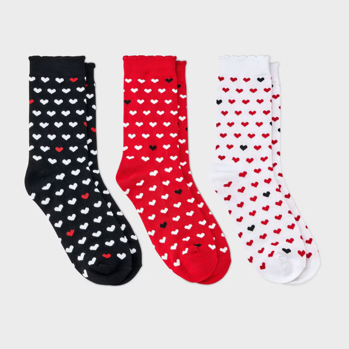 Women's Mini Hearts Scallop Cuff Valentine's Day 3pk Crew Socks - Red/White/Black 4-10 | Target