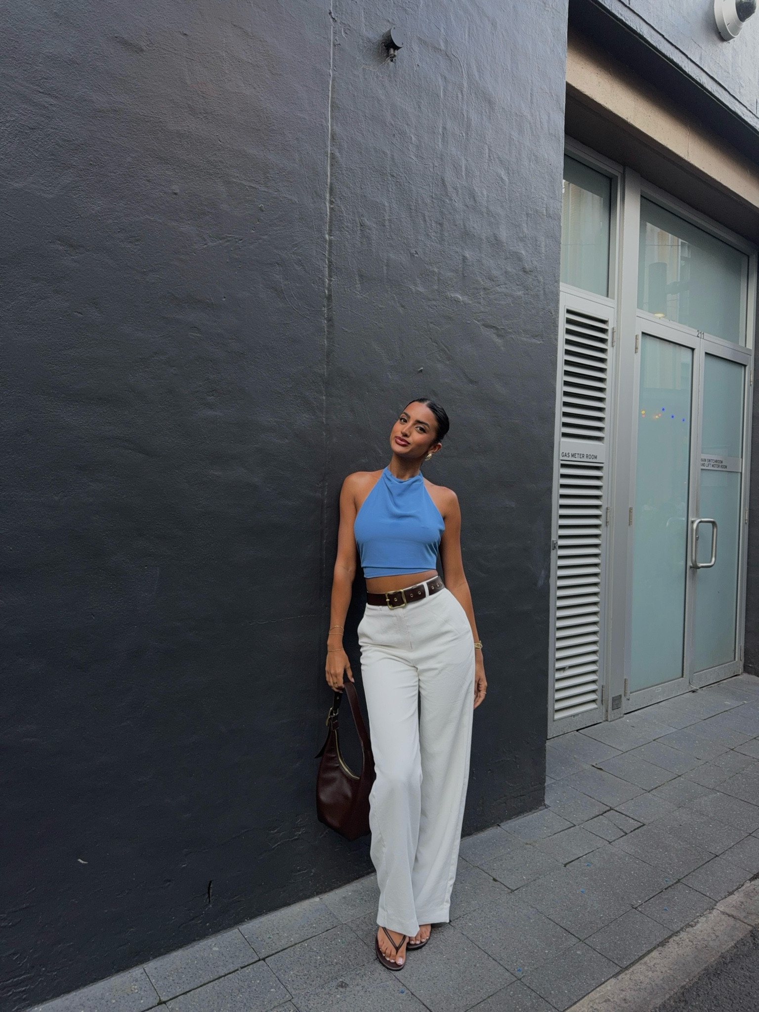 Little brown and blue moment #halterneck #whitepants #chocolatebrown #smartcasual 

#LTKaustralia #LTKFashionMonth #LTKxlululemon