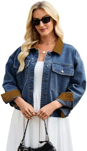 Women's Denim Jacket Cropped Oversized Jean Jackets Color Block Contrast Collar Jean Shacket Coat... | Amazon (US)