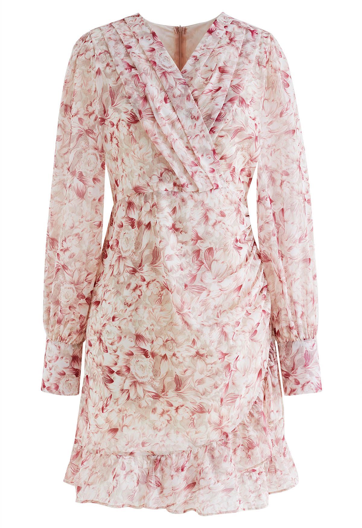 Pink Floral Faux-Wrap Ruffled Mini Dress | Chicwish