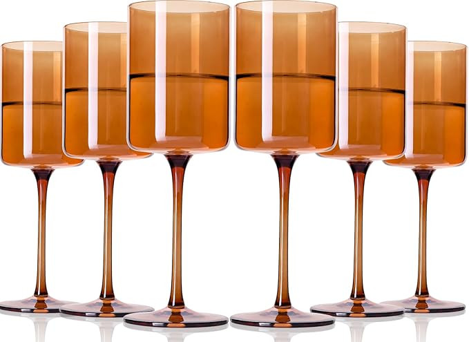 Amber Wine Glasses Set of 6-14oz【Hand Blown 】 Square Colored Wine Glasses,Colorful Wine Glass... | Amazon (US)