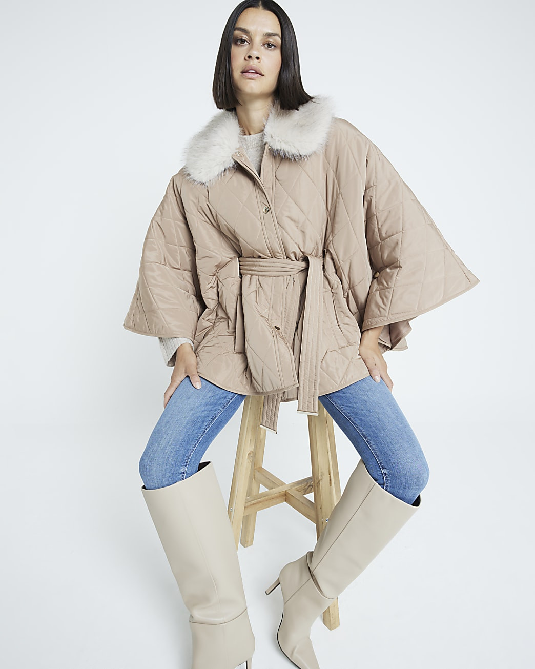 Beige Quilted Faux Fur Collar Cape Jacket | River Island UK & IE