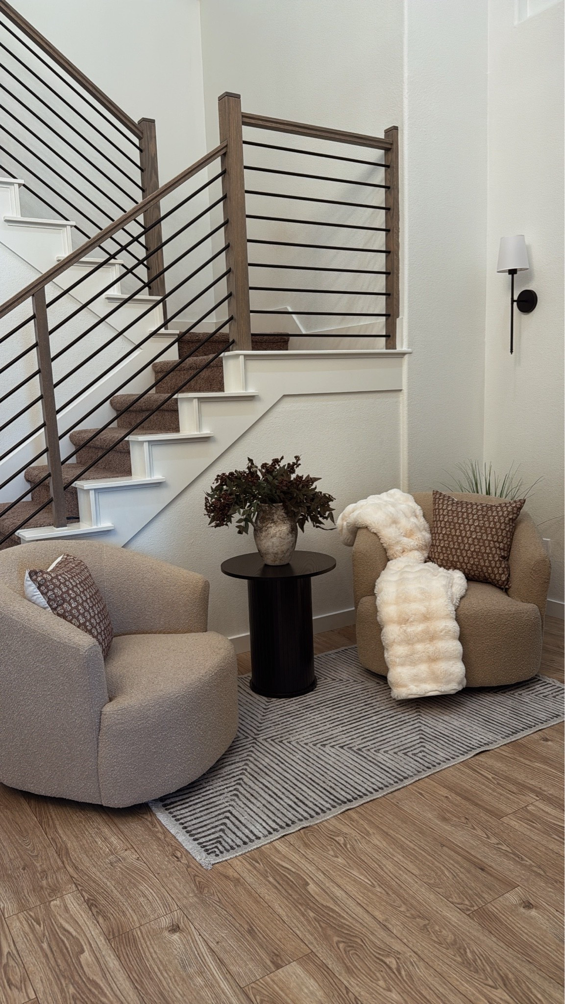 Cozy home sitting room, swivel chairs, organic modern, living room, entryway
