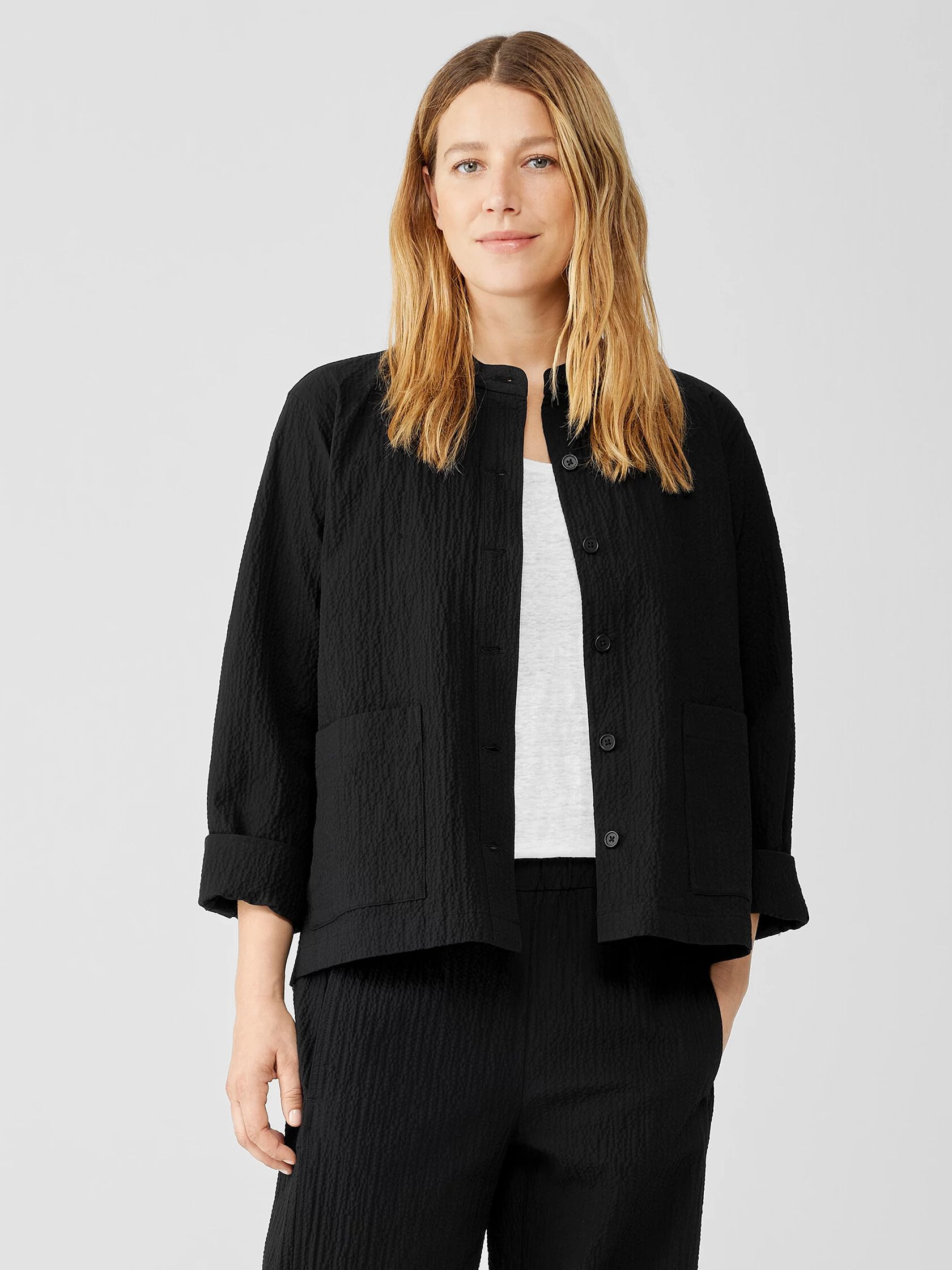 Organic Cotton Pucker Mandarin Collar Jacket | Eileen Fisher
