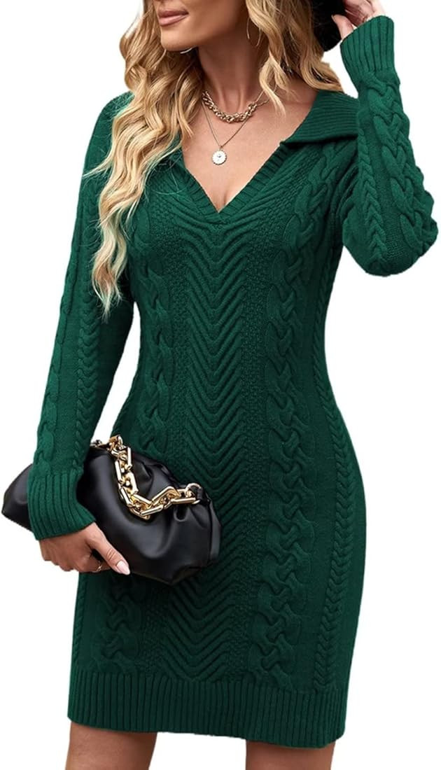 BLENCOT Womens V Neck Elasticity Slim Dress Chunky Cable Knit Pullover Sweaters Jumper S-XL | Amazon (US)