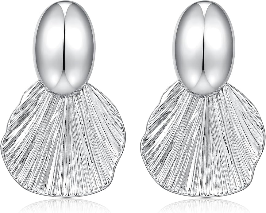 Gold Plated Earrings Dangle Chunky Fan-shaped Earrings Shell Earring for Women Two-Tone Fashion S... | Amazon (US)