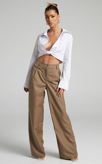 Romola Trousers - Low Rise Relaxed Pocket Flap Detail Straight Leg Trousers in Mocha | Showpo (ANZ)