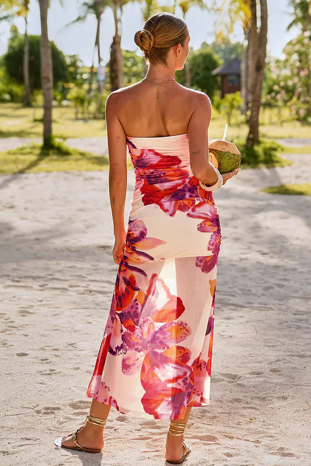 Strapless Floral Ruched Maxi Dress for Resort Vacation | Cupshe US