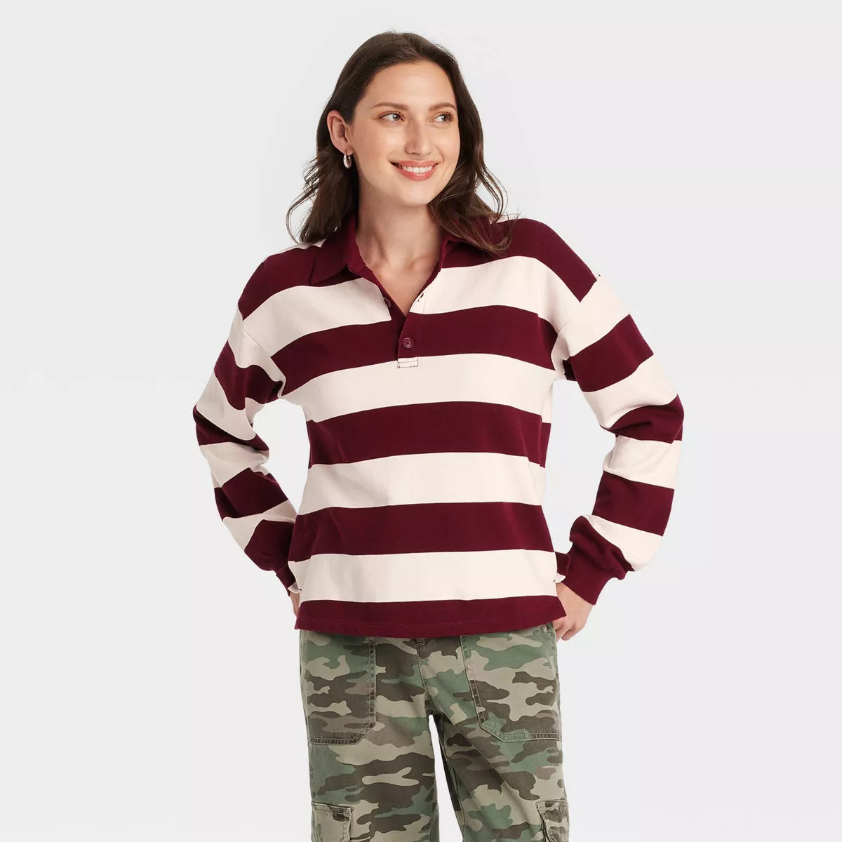 Women's Long Sleeve Polo Shirt - Universal Thread™ Maroon Striped S | Target