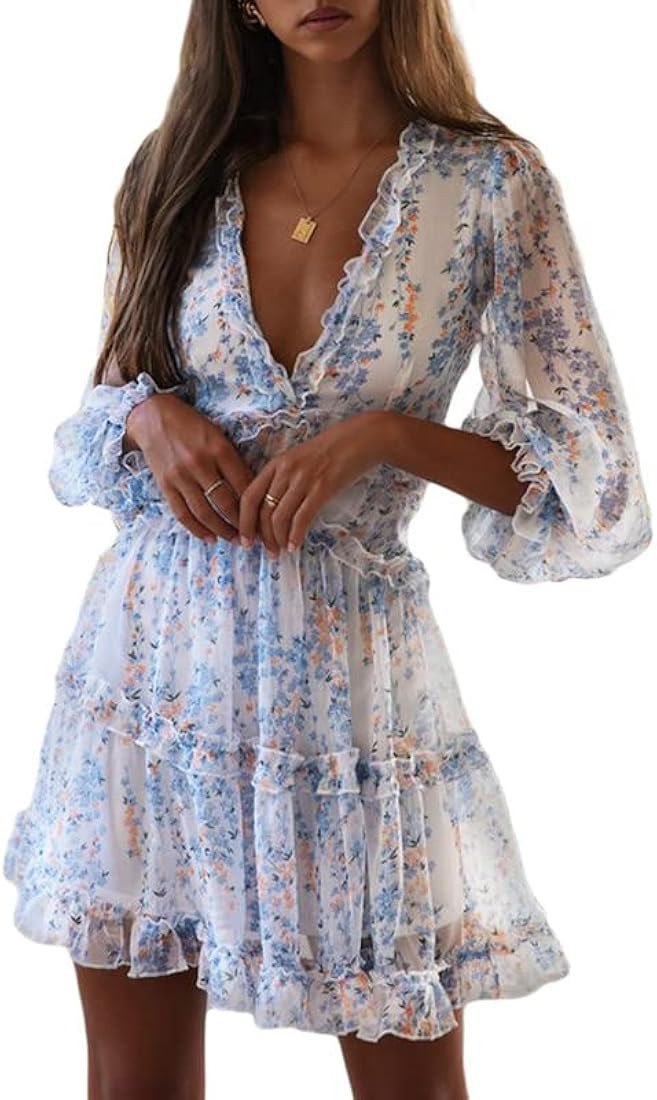 Dokotoo Womens 2023 Spring Summer Deep V Neck Ruffle Long Sleeve Floral Print Mini Dress | Amazon (US)