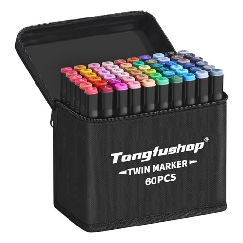 Tongfushop 60 Colored Marker Set, Colouring Pens for Adults, Dual Tip Art Alcohol Markers, Permanent Felt Tip Pens for Drawing, Sketching, Anime, Manga, Fun doodling with Carrying Case & Storage Base | Amazon (UK)