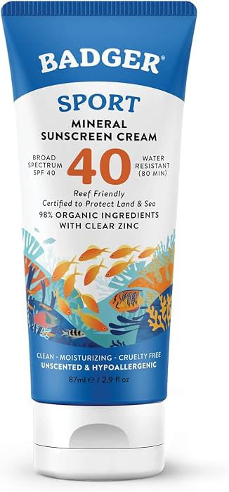 Badger Reef Safe Sunscreen, Unscented SPF 40 Sport Mineral Sunscreen, 98% Organic, Water Resistan... | Amazon (US)