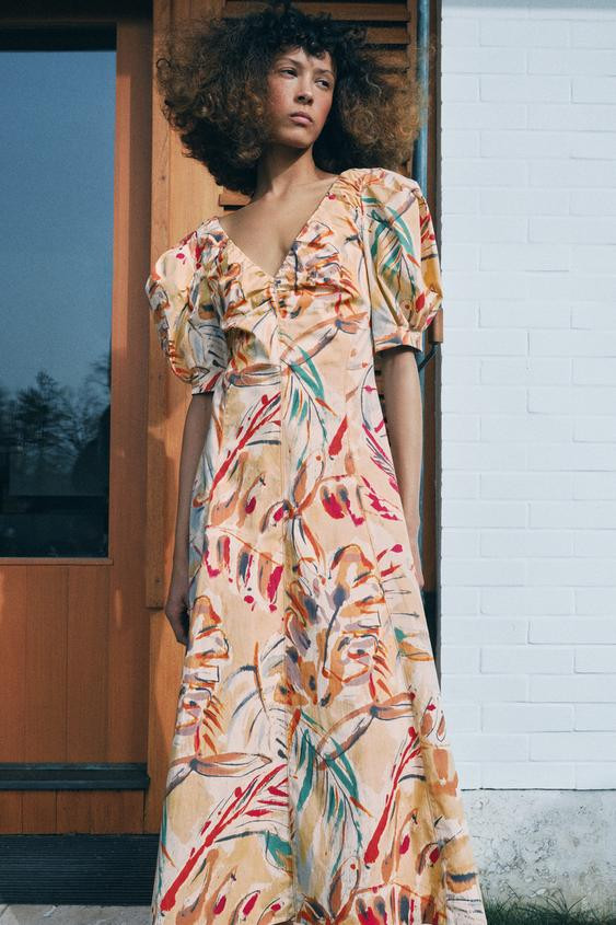 BALLOON SLEEVE PRINTED MIDI DRESS | Zara US