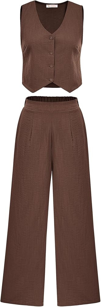 KIRUNDO Womens Two Piece Outfits Summer Fashion Button V Neck Crop Vest Blazer and Wide Leg Pants... | Amazon (US)