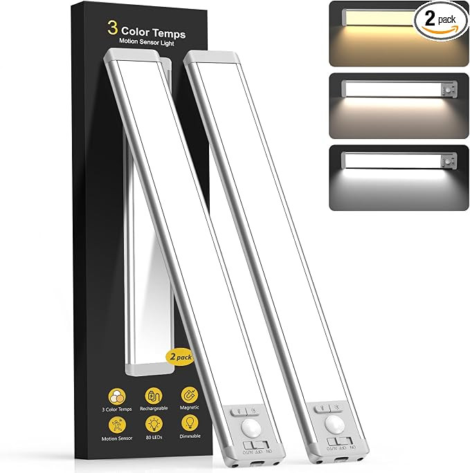 10inch Under Cabinet Lighting with 3 Color Temps, 2 Pack Rechargeable Motion Sensor Light Indoor,... | Amazon (US)