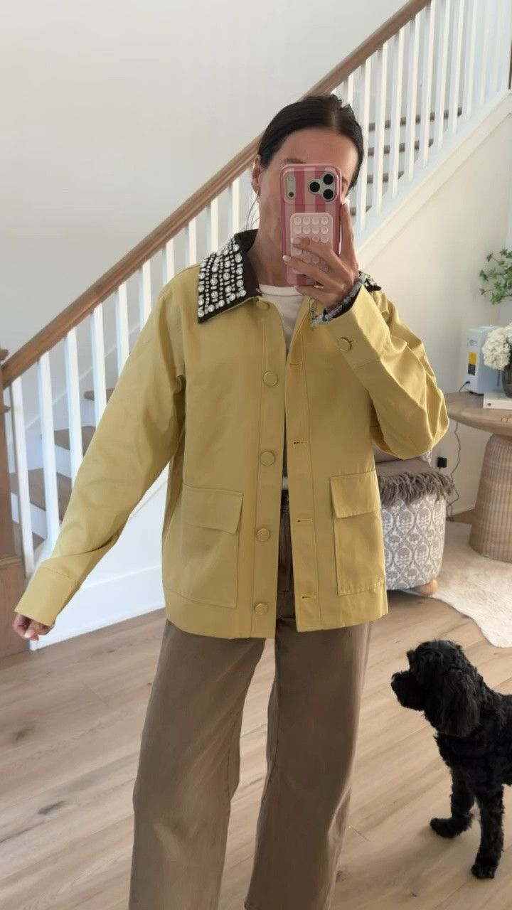 Benaar jacket, I'm in size S.

yellow barn jacket, rhinestone collar jacket, fall jacket, statement jacket, brown pants outfit, fall fashion, casual fall outfit, transitional style, everyday fall look, barn jacket outfit

#LTKOver40 #LTKootd
