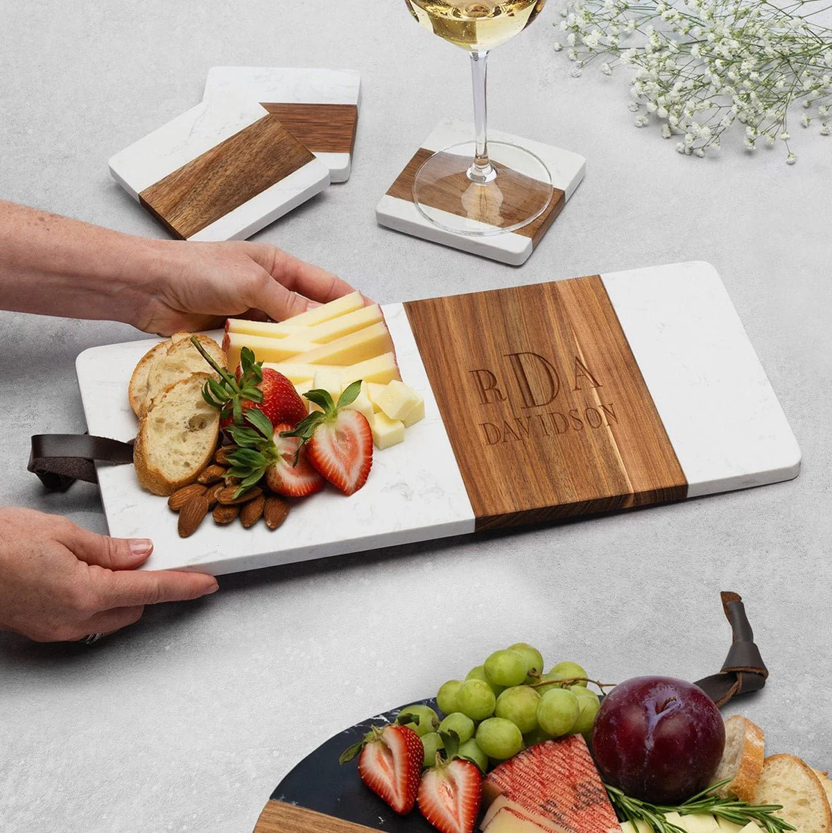 Winslow Wood and Marble Personalized Cheese Board, White | HomeWetBar.com