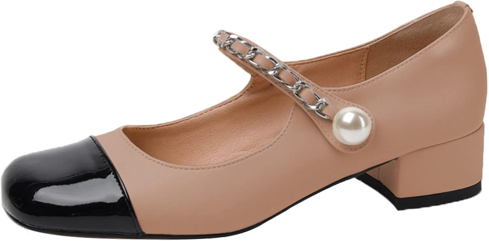 Mary Jane Pumps for Women Chunky Heel Two Tone Square Cap Toe Pumps Chained Ankle Strap with Pear... | Amazon (US)