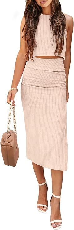 PRETTYGARDEN Women's 2 Piece Summer Outfits Crewneck Tank Tops Split Bodycon Midi Skirt Set | Amazon (US)