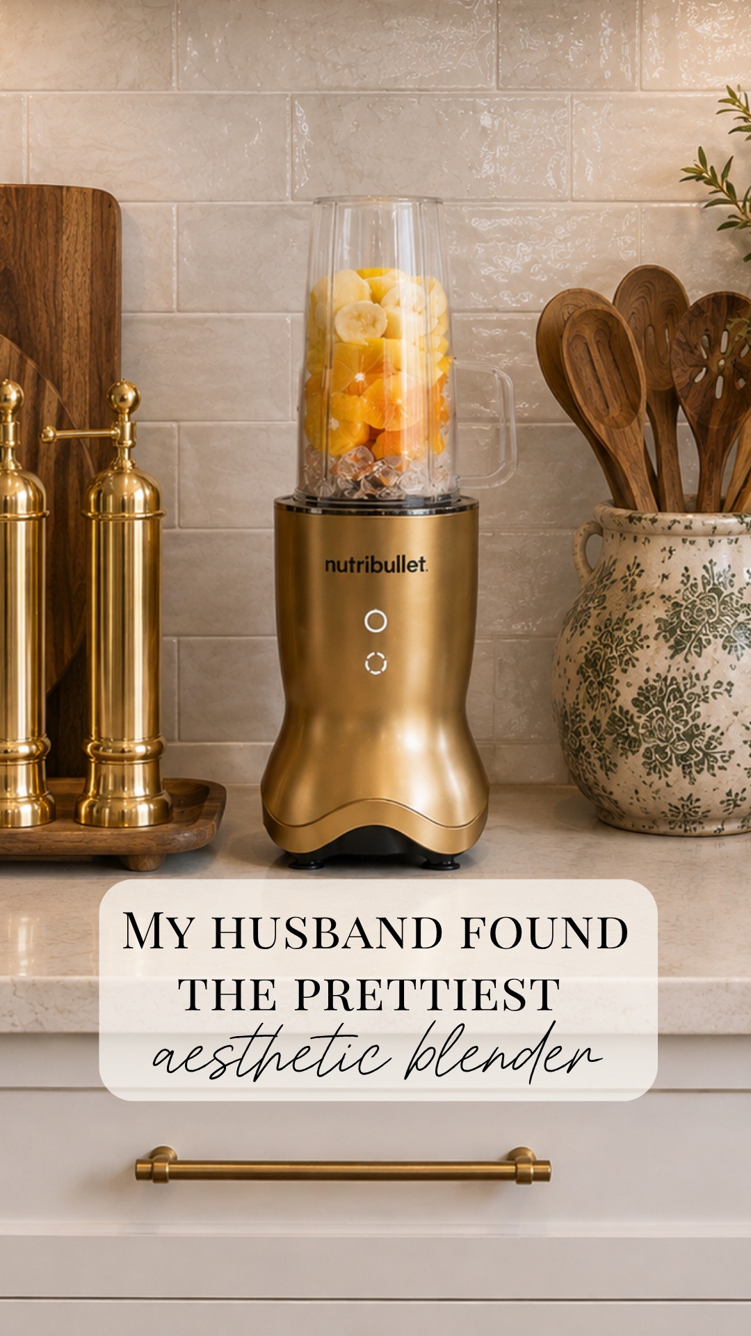 Brass Nutribullet Ultra + warm organic modern kitchen sources 🤍

My husband found this brass Nutribullet Ultra and asked if getting the pretty blender meant it could live on the kitchen counter.

Honestly… fair compromise.

We use a Nutribullet constantly for smoothies, protein shakes, and blending greens without weird chunks, so if it’s going to stay out every day, I want it to feel intentional with the rest of the kitchen design.

This warm brass color works so well with our organic modern kitchen renovation, white oak island, warm backsplash tile, quartz countertops, champagne bronze cabinet hardware, and soft neutral cabinet color.

Linking the Nutribullet Ultra, plus the kitchen decor pieces and sources I’m always asked about.

Kitchen details:
Backsplash tile: affordable zellige-look tile from Lowe’s
Countertops: Daltile Mokara quartz
Perimeter cabinet color: Benjamin Moore White Dove

Also linking similar kitchen styling pieces, countertop decor, cutting boards, vases, stems, and warm organic modern kitchen finds to get the look.

#LTKHome