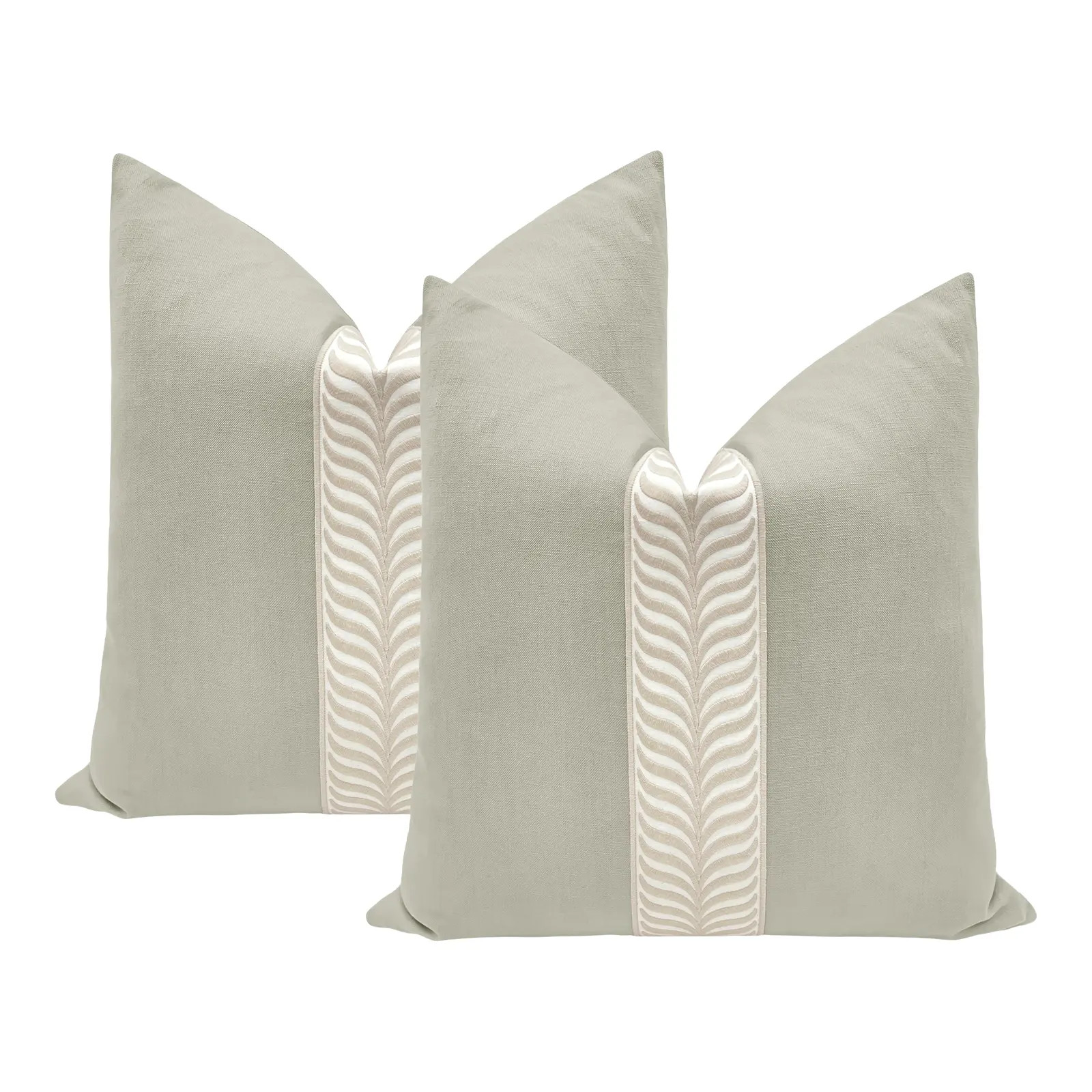 22" Dove Grey Performance Linen & Trellis Trim Pillows - a Pair | Chairish