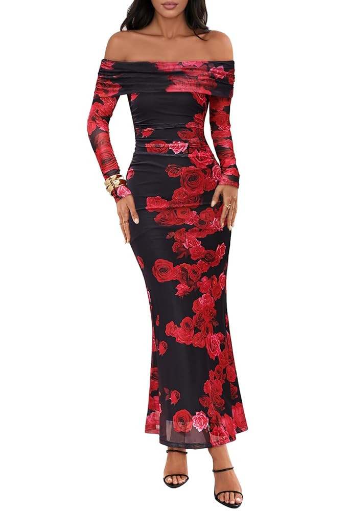 MEROKEETY Women's Fall Off Shoulder Floral Maxi Dresses Formal Long Sleeve Bodycon Cocktail Weddi... | Amazon (US)