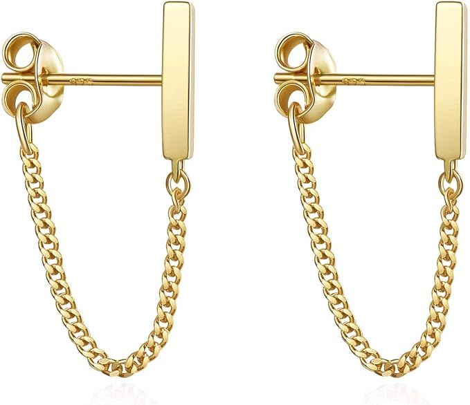 Amazon.com: S.Leaf Sterling Silver Stud Earrings Bar with Chain Dangle Earrings Gold Earrings for... | Amazon (US)