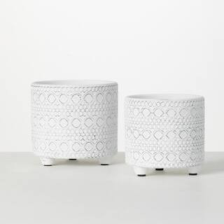 NewWhitewash Textured Footed Terracotta Pot (Set of 2) | The Home Depot