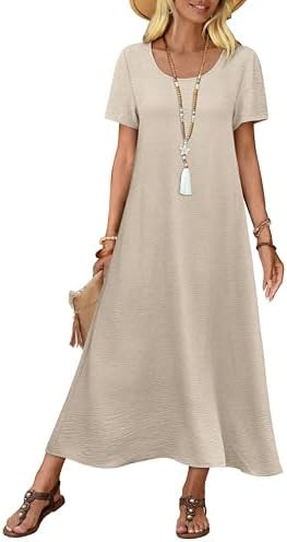 OFEEFAN Womens Maxi Dresses Flowy Casual Long Dress Short Sleeve Summer Beach Vacation Lightweigh... | Amazon (US)