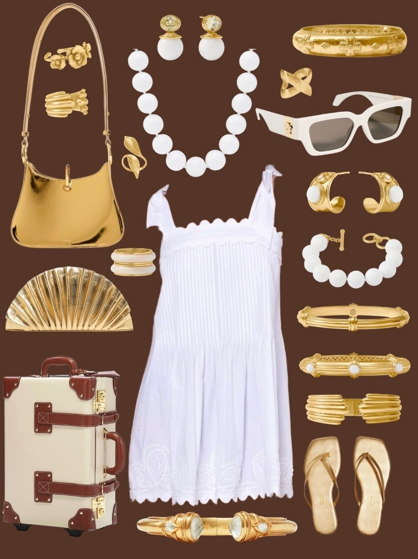 Ready for vacation? Go in style eith gorgeous scallop white dress, ornate gold jewelry fit for a queen, classic vintage Steamline luggage, and gold accessories like that gold crossbody, gold fan purse, and gold sandals  

#LTKootd #LTKTravel #LTKSaleAlert