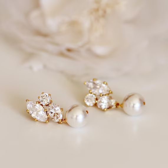 Gold Bridal Earrings Rose Gold White Ivory Pearl Earrings | Etsy | Etsy (US)