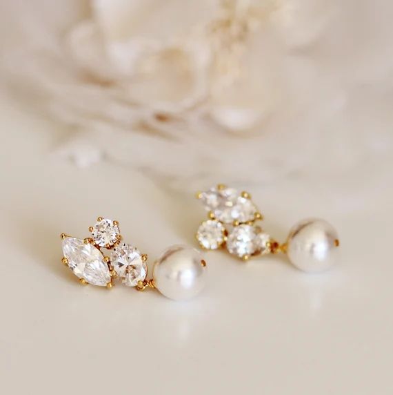 Gold Bridal Earrings Rose Gold White Ivory Pearl Earrings | Etsy | Etsy (US)