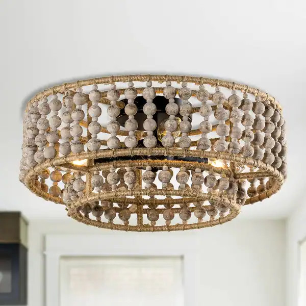 Boho 3-Light Drum Wood Beaded Flush Mount Ceiling Light - Bed Bath & Beyond - 36064360 | Bed Bath & Beyond