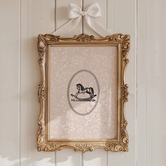 Vintage Rocking Horse Wall Art Nursery Elegant Gold Art Floral Background Romantic Coquette Nurse... | Walmart (US)