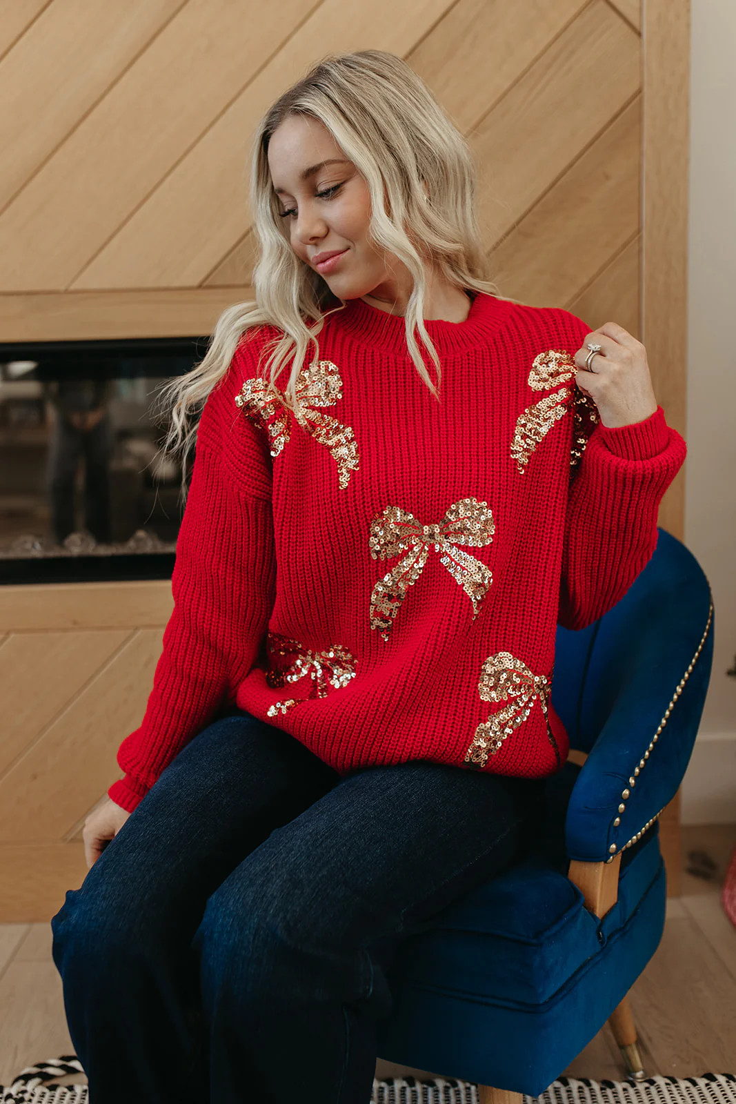 THE ABIGAIL SEQUIN BOWS HOLIDAY SWEATER IN RED | Pink Desert