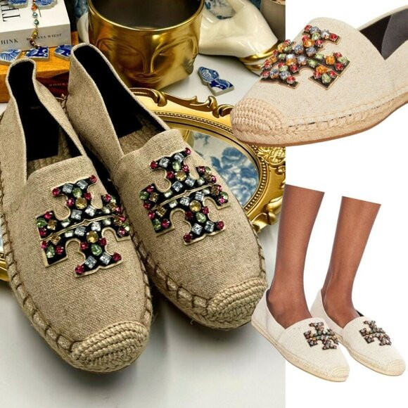🆕 TORY BURCH 🧿 NWOT Ines Linen & Leather Bejewelled Espadrilles - Size 10 | Poshmark