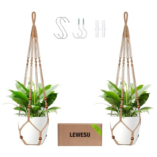 LEWESU Jute Macrame Plant Hanger Indoor Set of 2 Hanging Planter Basket Flower Pot Holder with Decorative Wood Beads & No Tassels for Indoor Outdoor Boho Home Decor, 35 Inch Brown (Pots Not Included) | Amazon (US)