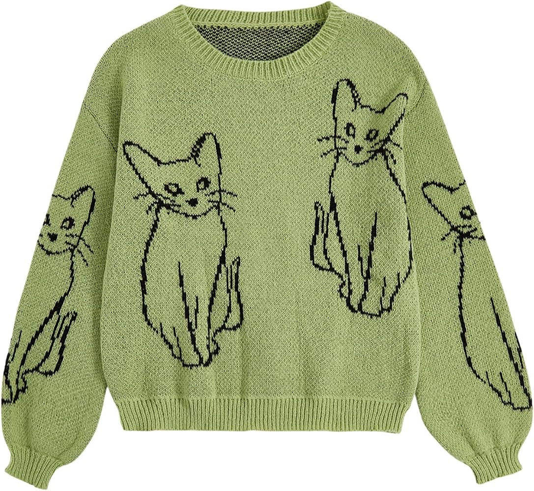 WDIRARA Women's Cartoon Cat Bishop Long Sleeve Round Neck Sweater Drop Shoulder Pullover Tops | Amazon (US)