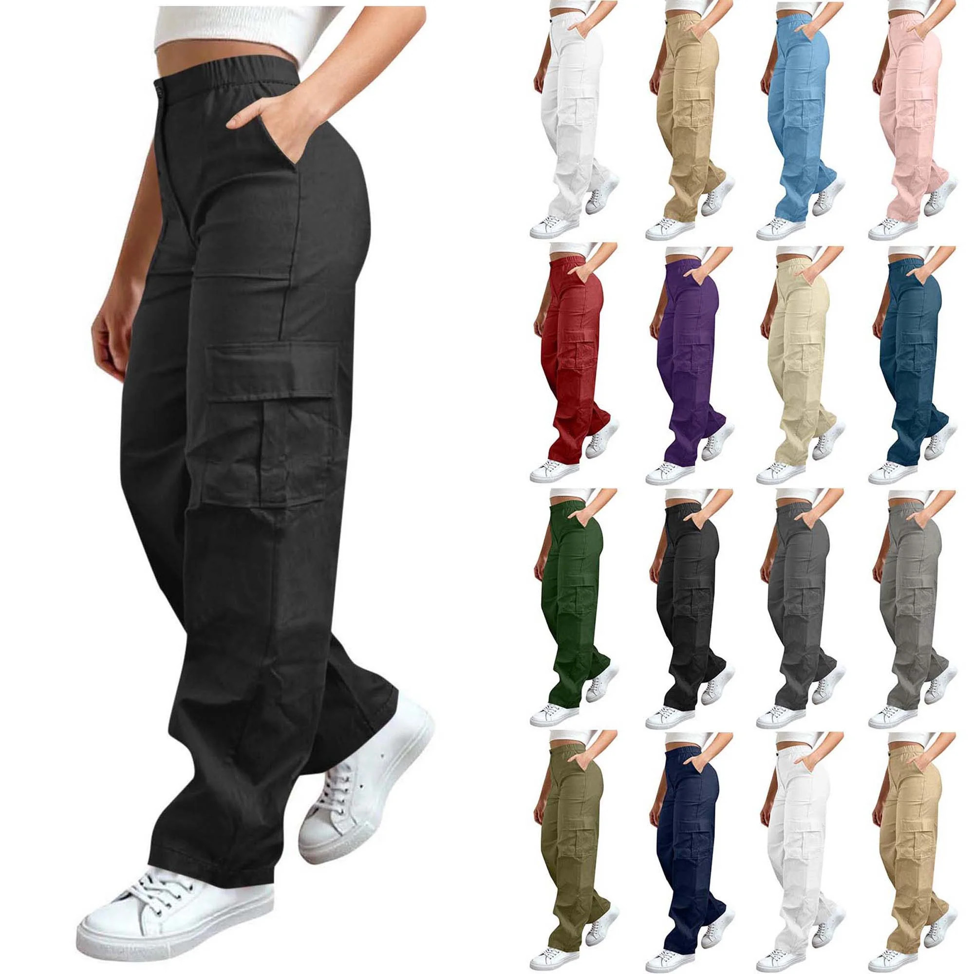 Women’s High Waisted Cargo Pants Loose Fit Straight Leg Utility Trousers with Pockets Casual Wo... | Walmart (US)