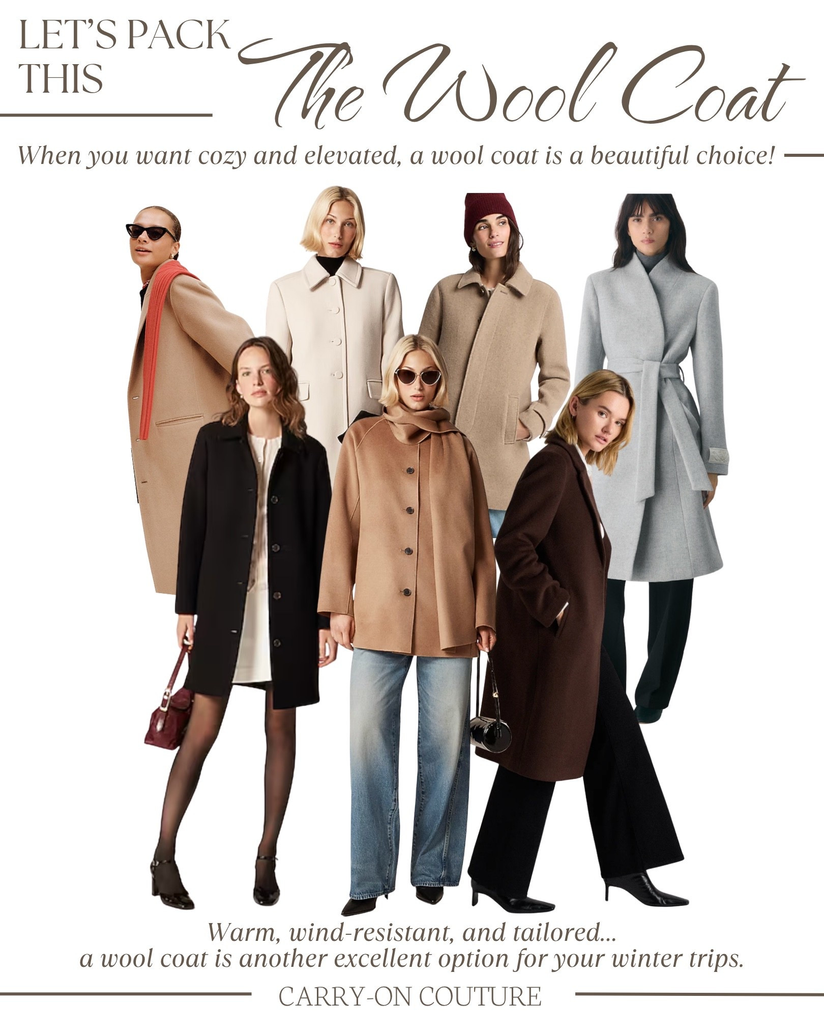 When you want cozy and refined, a wool coat shines.  The fabric naturally repels light moisture, making it perfect for dry days or a quick sprinkle.  If the weather turns into real rain, add an umbrella or a thin waterproof shell for protection.  It’s another strong option when you want warmth and a polished silhouette.

(Each of these coats come in more color options!)

#LTKTravel #LTKOver40