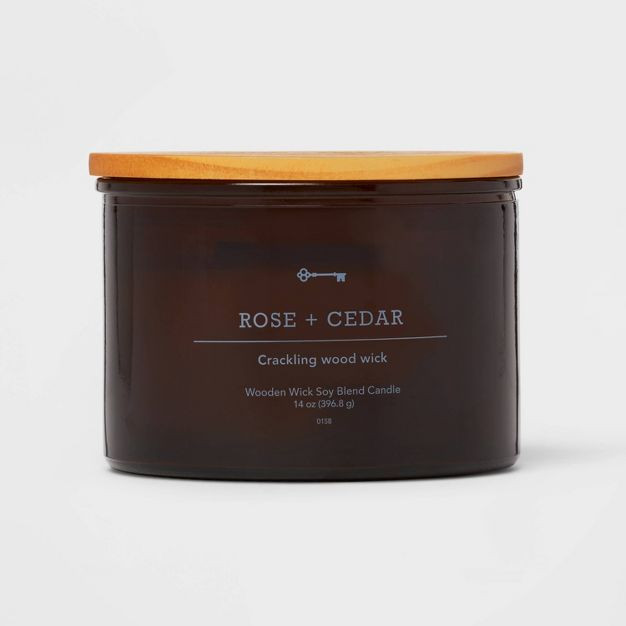 Lidded Glass Jar Crackling Wooden Wick Rose and Cedar Candle - Threshold™ | Target