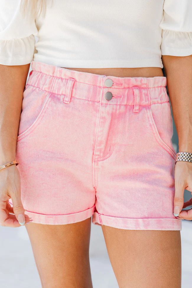 All The Pretty Girls Pink Paperbag Waist Acid Wash Shorts | Pink Lily