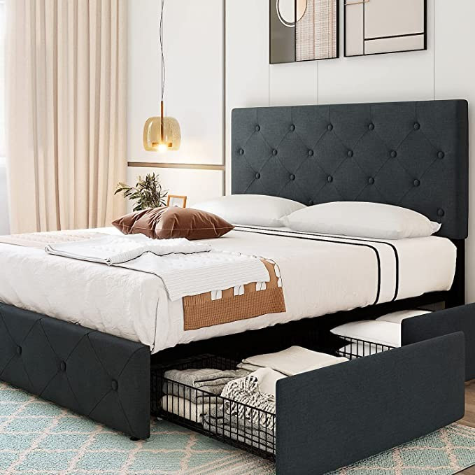 Amazon.com: Allewie Queen Platform Bed Frame with 4 Storage Drawers & Adjustable Height Headboard... | Amazon (US)