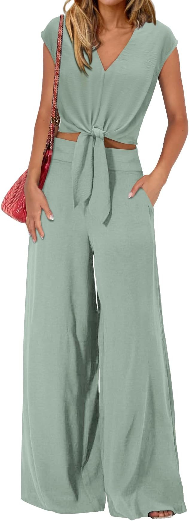 PRETTYGARDEN Women's Summer 2 Piece Outfits 2026 Cap Sleeve V Neck Belted Crop Tops Wide Leg Pant... | Amazon (US)