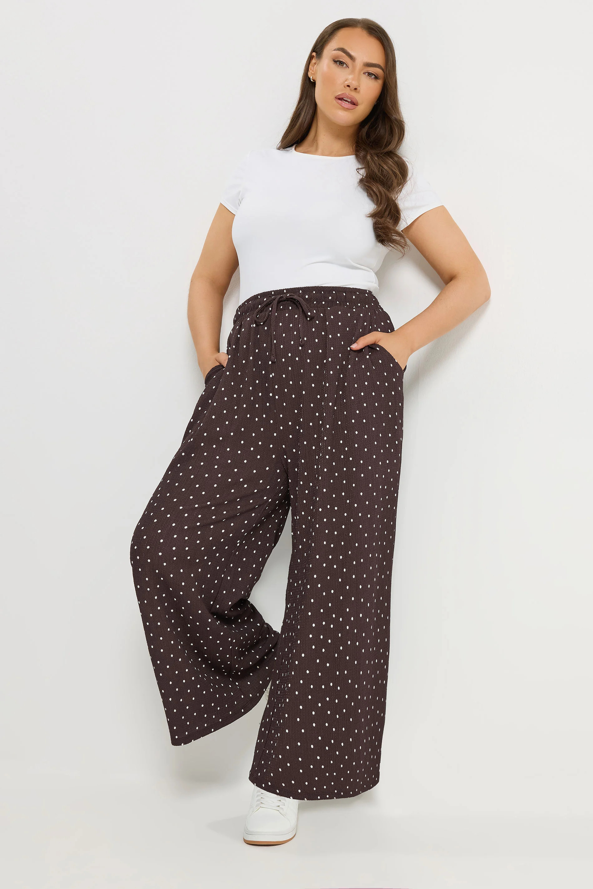 YOURS Plus Size Chocolate Brown Polka Dot Wide Leg Trousers | Yours Clothing UK