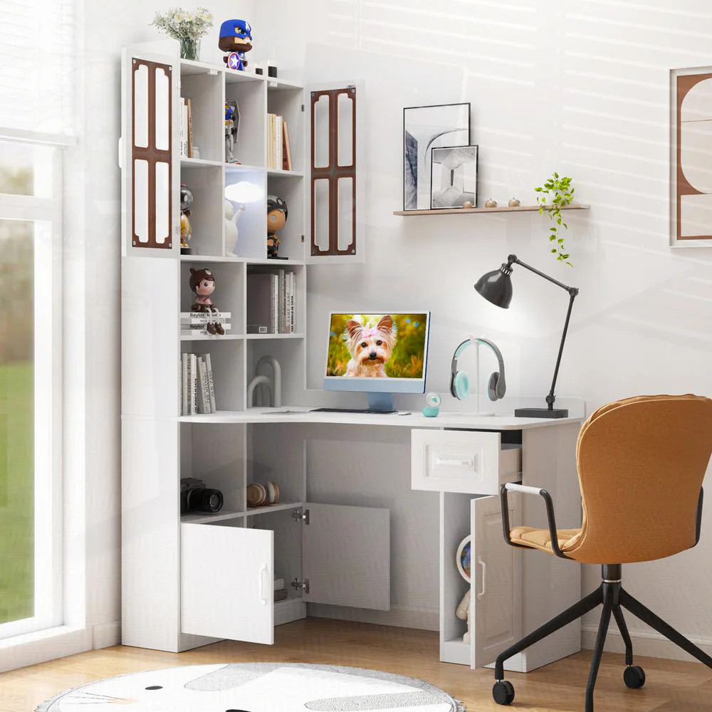 SunJet White L Shaped Corner Computer Desk for Home Office or Study Modern Table with Drawers Bookshelf and Hutch Large 2 in 1 Workspace | Lowe's