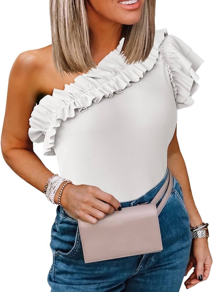 Farktop Womens One Shoulder Shirts Ruffle Sleeve Slim Fit Knitted Ribbed Summer Tops | Amazon (US)