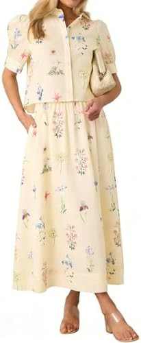 Tankaneo Womens Floral 2 Piece Skirt Set Summer Puff Sleeve Crop Blouse and Maxi Dress Outfits Ma... | Amazon (US)